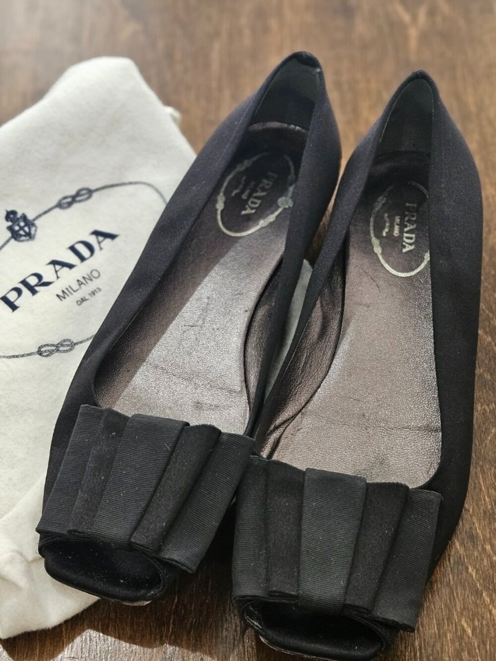 Prada satin black shoes with bow size 7.5